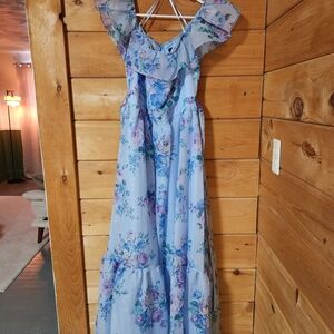 b darlin blue floral maxi dress with ruffle